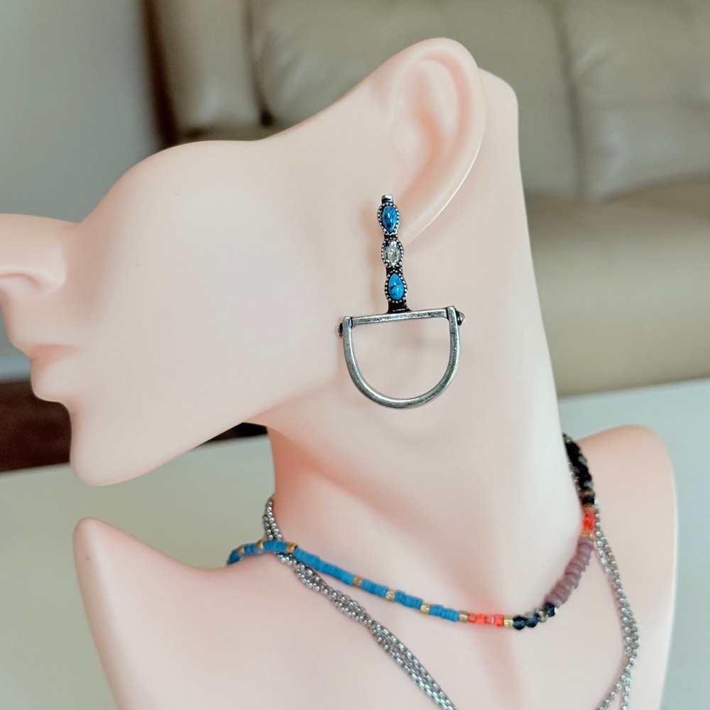Silver-Tone Turquoise Drop Hoop Earrings - Women Jewelry